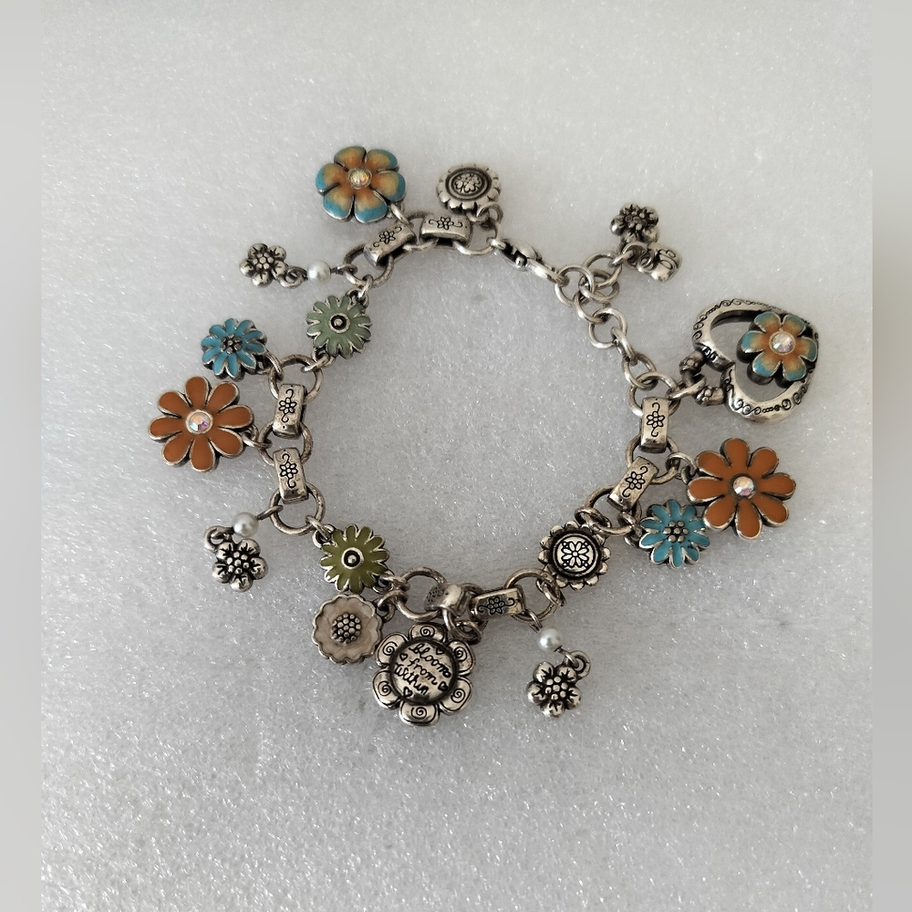 Brighton Silver Floral Charm Bracelet with Orange, Turquoise & Green Enamel